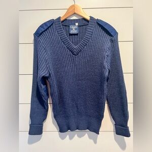 Citadel Sweater Mens 40 Blue Virgin Wool V-Neck Elbow Patch Ribbed Knit Military